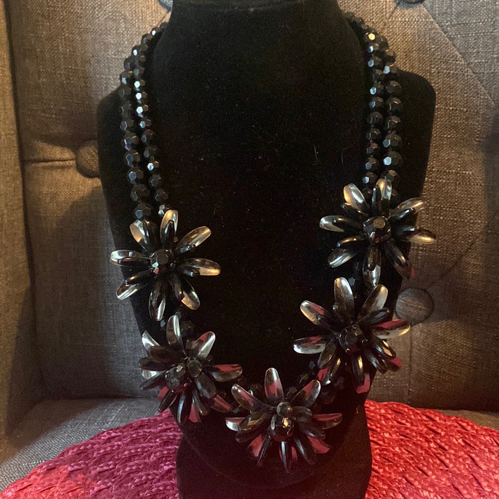 Black and gunmetal floral statement necklace